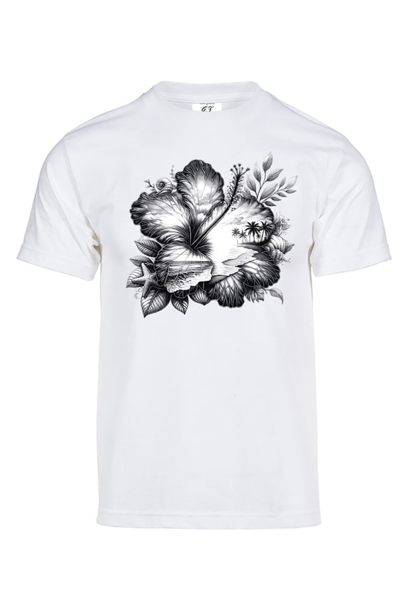 Mens Hibiscus Beach Solar T-Shirt Color Changing Summer Beach Sun Tee, White 3XL