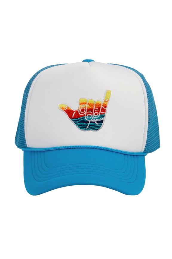 Gravity Trading Shaka Learn to Surf Patch Trucker Hat, White/Aqua
