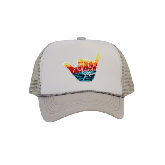 Gravity Trading Shaka Learn to Surf Patch Trucker Hat, White/Grey