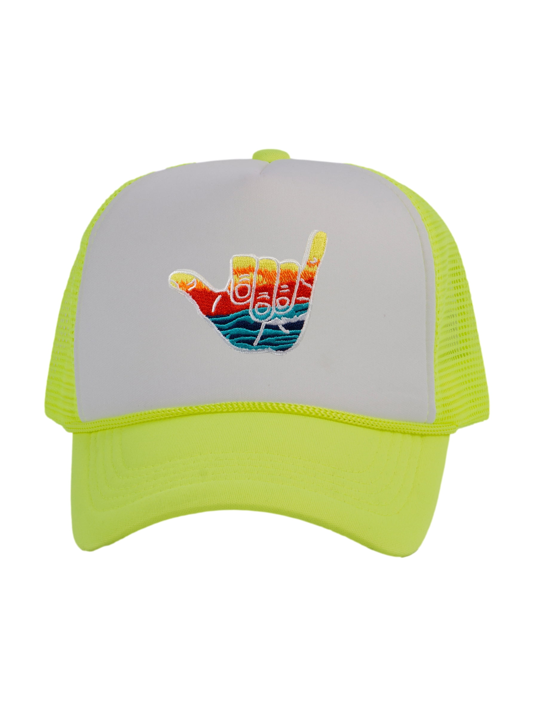 Gravity Trading Shaka Learn to Surf Patch Trucker Hat, White/Neon