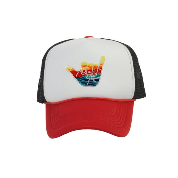 Gravity Trading Shaka Learn to Surf Patch Trucker Hat, White/Red/Black