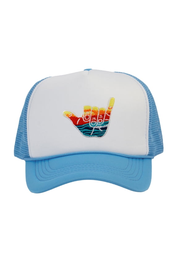 Gravity Trading Shaka Learn to Surf Patch Trucker Hat, White/Sky