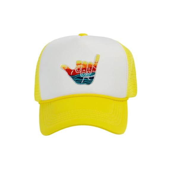 Gravity Trading Shaka Learn to Surf Patch Trucker Hat, White/ Yellow