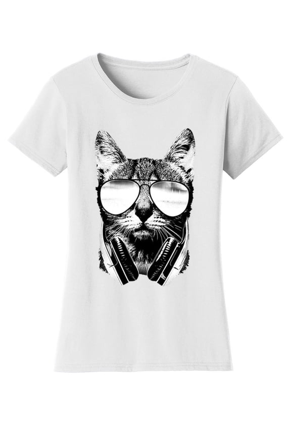 Womens Cool DJ Cat Solar Color Changing Shirt Sun Tee, White Medium