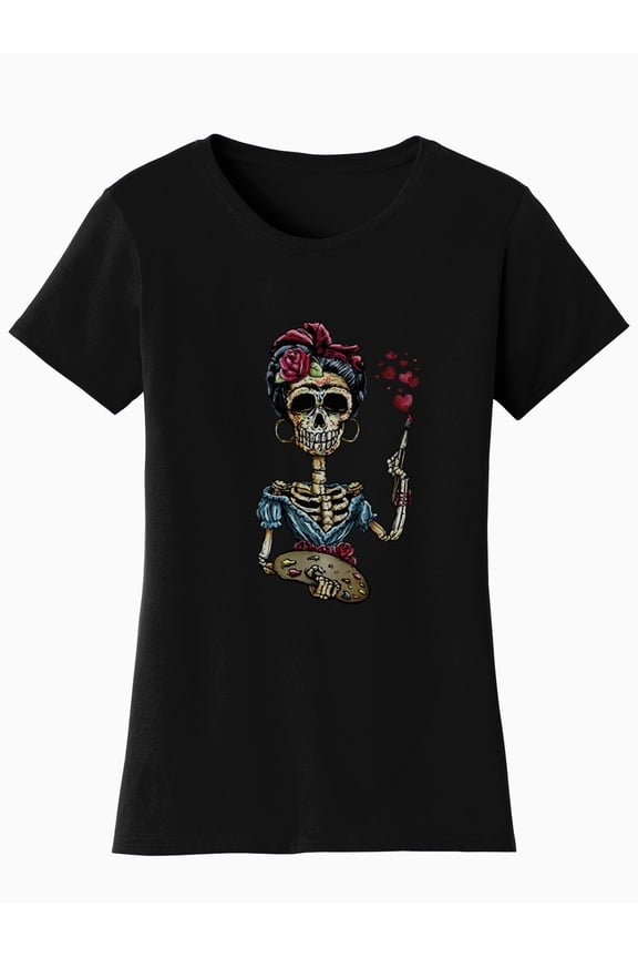 Womens Halloween Frida Shirt - Day Of The Dead Sugar Skull Skull T-Shirt, Black 2XL