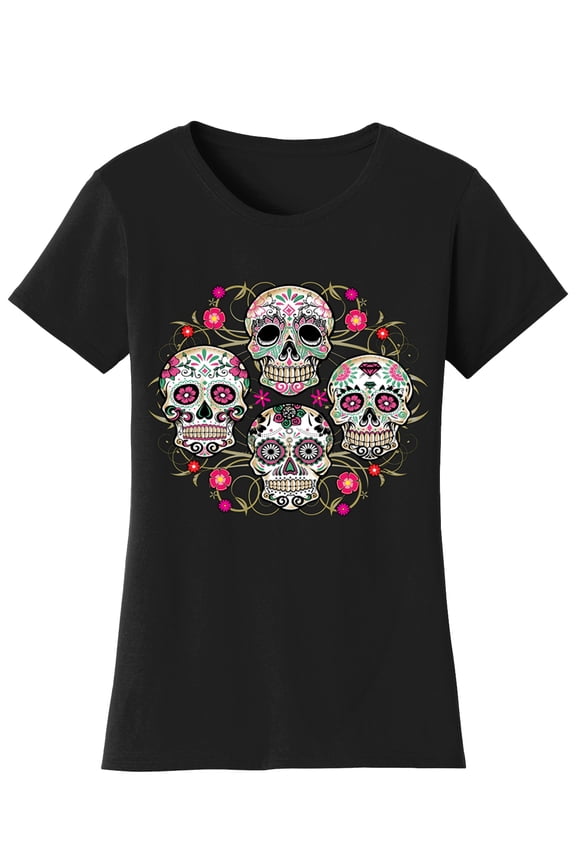 Womens Halloween Shirt - Day Of The Dead Sugar Skull Floral T-Shirt, Black Medium