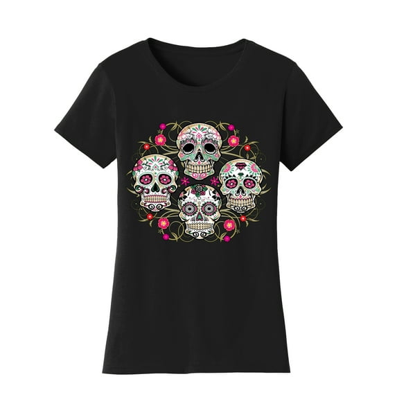 Gravity Trading Womens Halloween Shirt - Day Of The Dead Sugar Skull Floral T-Shirt, Black X-Large