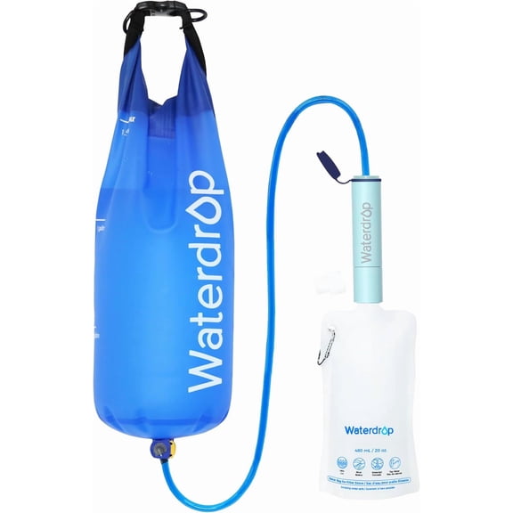 Gravity Water Filter Straw, Camping Filtration System, Purifier Survival for Travel, Backpacking and Emergency Preparedness, 1.5 gal Bag, 0.1 Micron, Light Blue