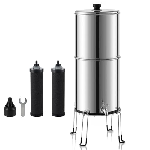 Gravity Water Filter System, 2.25 Gallons Gravity Water Purifier System, 304 Stainless Steel Countertop Water Filter System with 2 Black Carbon Filters and Stand