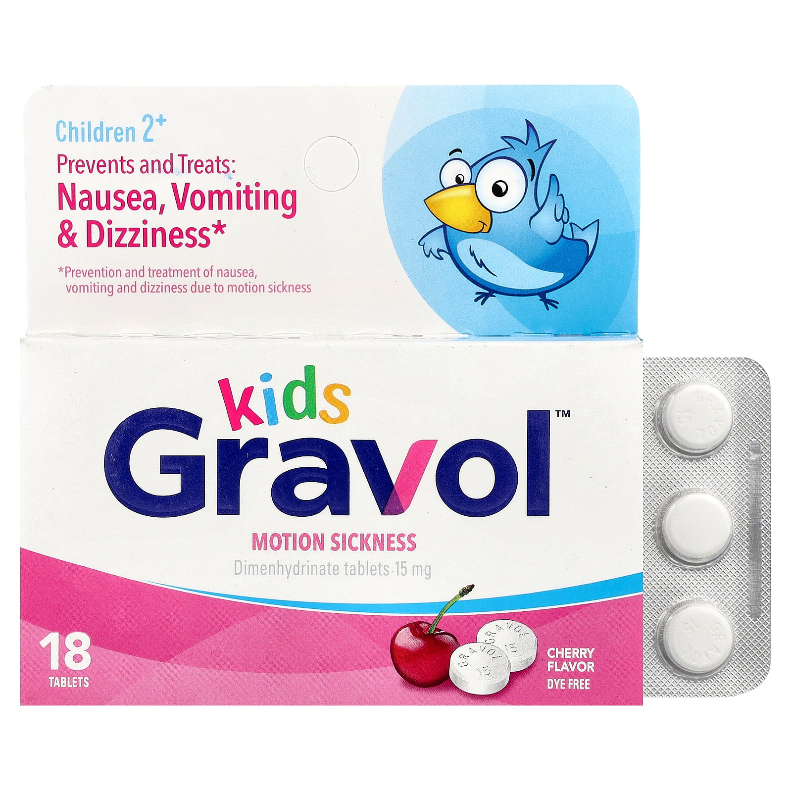 Gravol Kids, Motion Sickness, Children 2+, Cherry, 15 mg, 18 Tablets