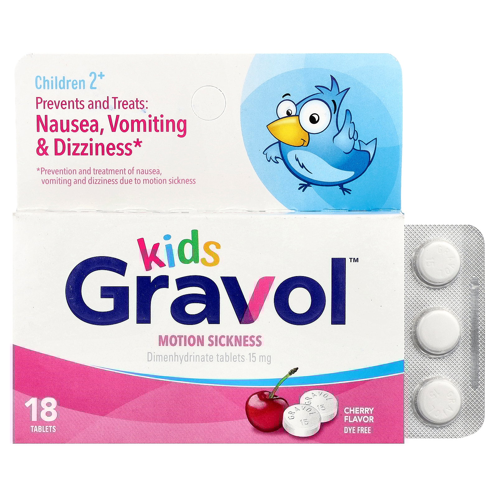 Gravol Kids, Motion Sickness, Children 2+, Cherry, 15 mg, 18 Tablets