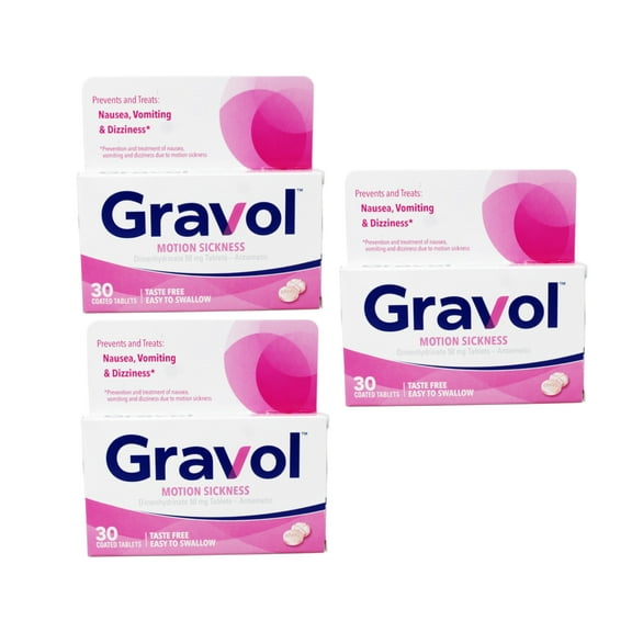 Gravol Motion Sickness Relief and Nausea Prevention, Easy to Swallow Coated Tablets, Anti-Nausea Medication Travel Essentials, 50 mg, 30 Count - 3 Pack