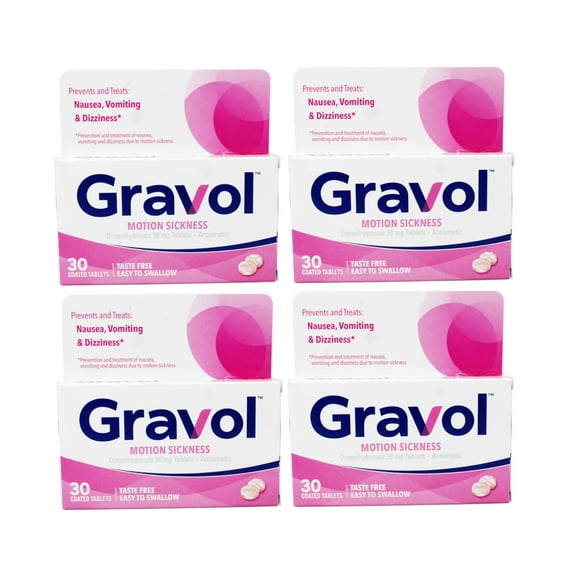 Gravol Motion Sickness Relief and Nausea Prevention, Easy to Swallow Coated Tablets, Anti-Nausea Medication Travel Essentials, 50 mg, 30 Count - 4 Pack