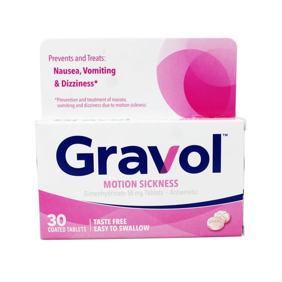 Gravol Motion Sickness Relief and Nausea Prevention, Easy to Swallow Coated Tablets, Anti-Nausea Medication Travel Essentials, 50 mg, 30 Count