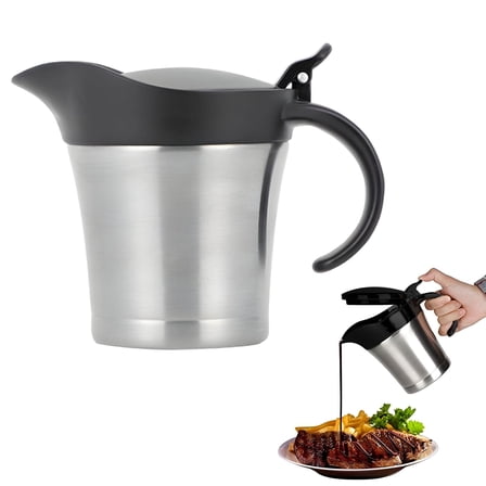 Gravy Boat with Lid, Stainless Steel Gravy Jug, Kitchen Utensils, Double Wall Insulated Thermal Serving Jug for Gravy, Custard, Cream, Sauce (Silver-Small)