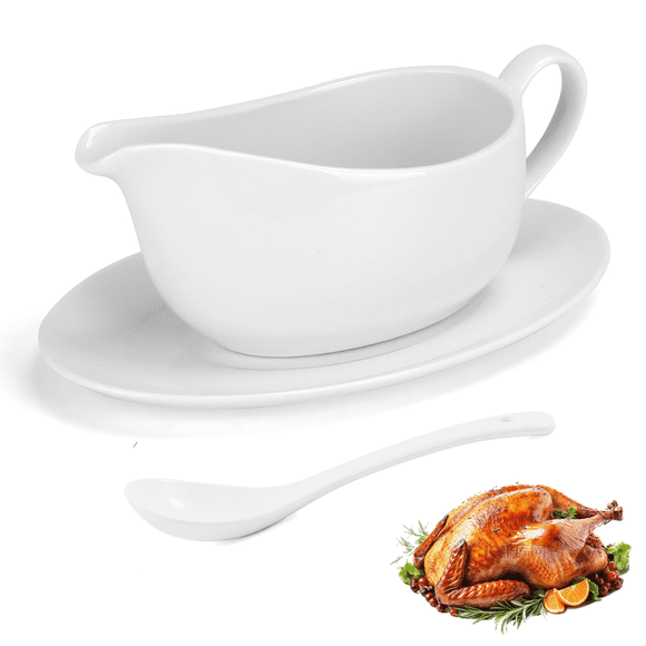 Gravy Boat with Ladle Gravy Bowl for Thanksgiving White Gravy Boats with Attached Saucer Dish