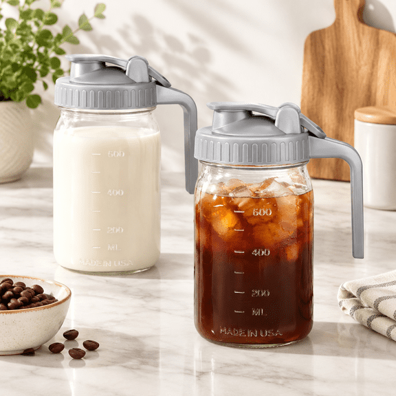 Gray 1 Quart Glass Creamer Pitcher with Lid, Airtight Leakproof Pour Spout