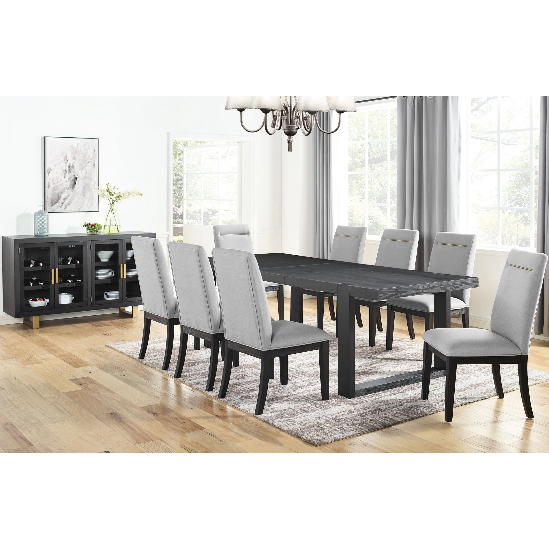 Gray 10 Dining Configuration - 77-95 Inch Table, 8 Chairs, Server, Ash