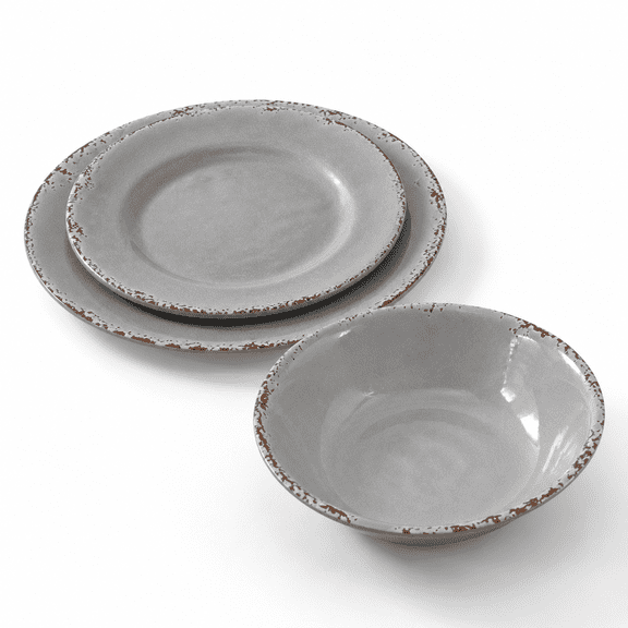 Gray 12 Piece Dinnerware Set, Rustic Farmhouse Table Service For 4
