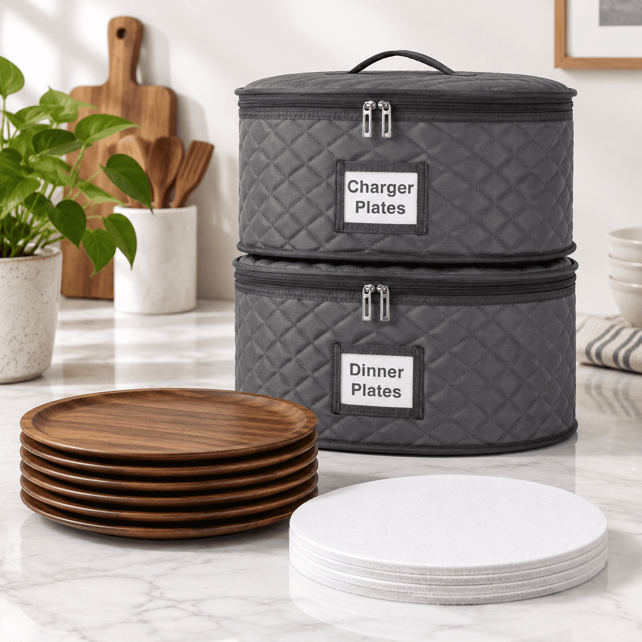 Gray 13in Plate Storage Chest 2-Pack Quilted Dinnerware Organizer ...