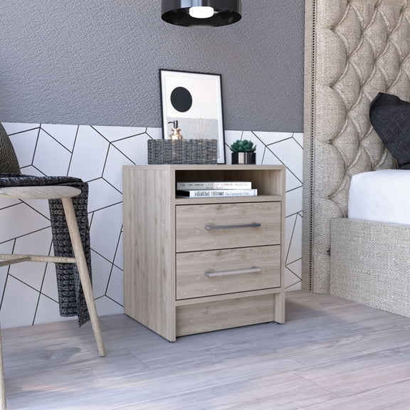 Gray, 14.7" Deep Nightstand - Open Shelf for Devices - Bedside Scenario - Quick Access