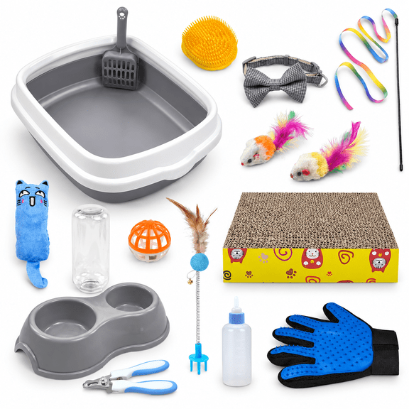 Gray 15 Piece Cat Starter Kit with Litter Box, Feeder, Scratch Pad and Toys