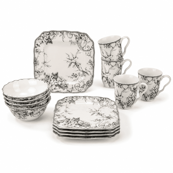 Gray 16-Piece Porcelain Square Dinnerware Set, Service for 4, Stackable Chip-Resistant