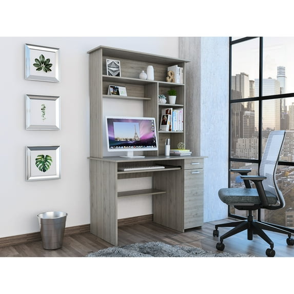 Gray 180 Desk , Multiple Shelves, Keyboard Tray, Panel, 1 Drawer, Combining Style And Storage With Functional Office Setup System