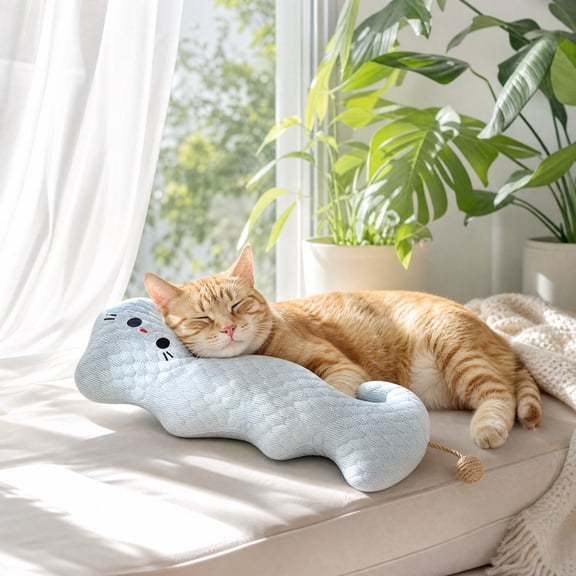 Gray 19x8 Inch Ice Silk Cat Neck Pillow, Cooling Kitten Headrest Bed with Sisal Ball Toy Tail for Rest and Play, Soft Supportive Pet Cushion