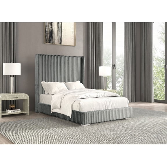 King Size Wood Platform Bed Frame with Fur Chenille Fabric, Gray for Bedroom