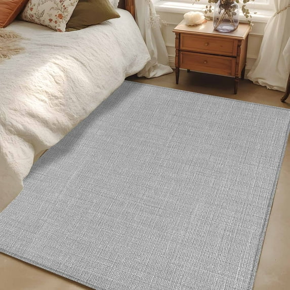 Gray 2.7x5 Area Rugs, Farmhouse Burlap Solid Grey Color Modern Linen Texture Non-Skid Rubber Backing Large Rectangle Rugs - Living Room Bedroom Home Office, Indoor Floor Mat Carpets Washable Rug