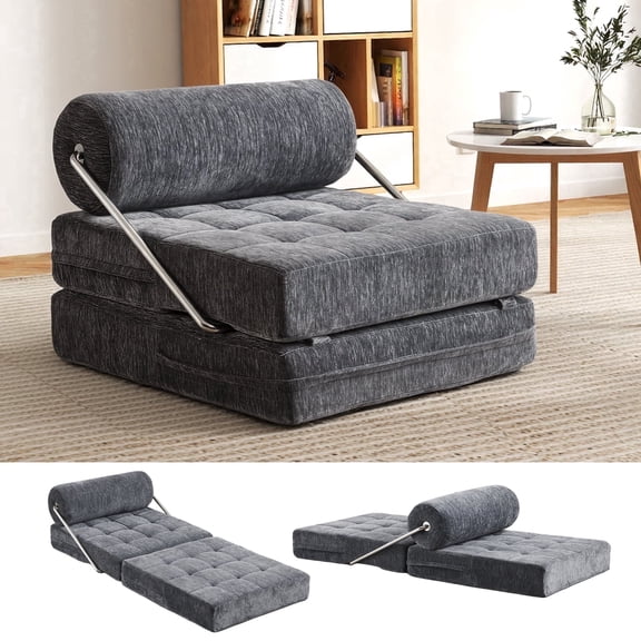 Gray 2-Piece Convertible Modular Floor Sofa Bed, 3-in-1 Foldable Lazy Couch with Cylindrical Headrest, Multi-Functional Sleeper Chair for Apartment Guest Room