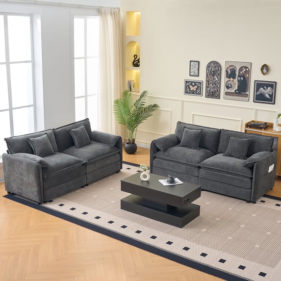 Gray 2-Piece Oversized Chenille Loveseat Set, Luxury Deep Seat with 4 Pillows