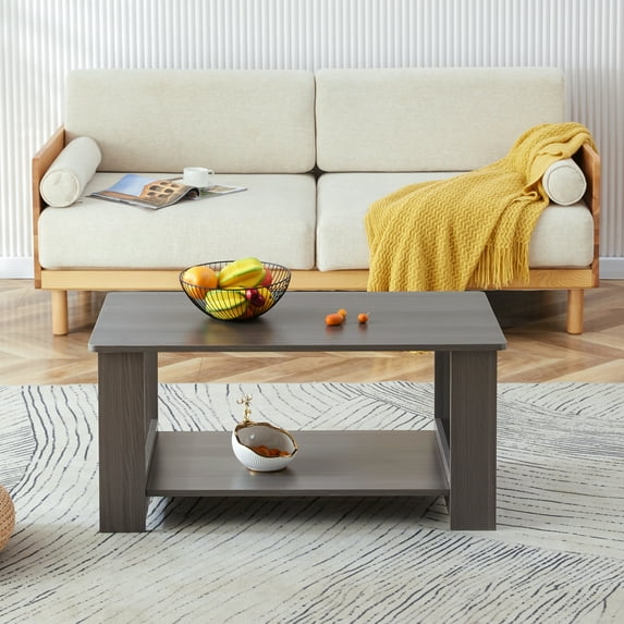 Gray 2-Tier Coffee Table, Modern Center Table with Storage and Rounded Edge Anti-Knock Design, Wooden Coffee Table for Living Room Bedroom Office, 35.4"*19.6"*18"