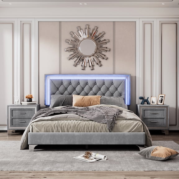 Gray 3 Bedroom Ensemble Assembly, Upholstered Platform Bed With Led Lights & Two Practical Nightstands Arrangement Queen Bed, -
