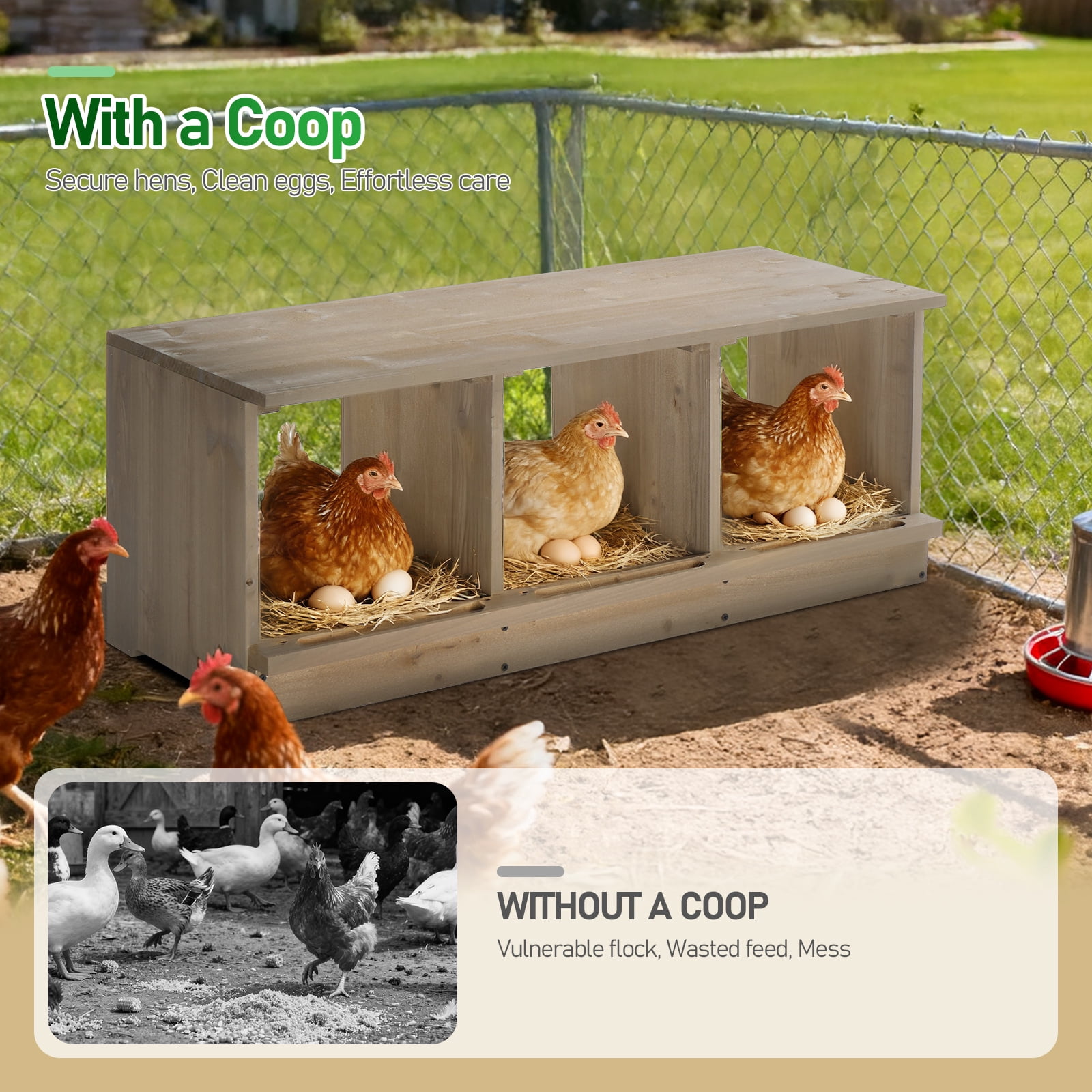 Gray 3-Compartment Wooden Chicken Nesting Box, Weather-Resistant Fir Wood Hen Nest Box with Perches, for Chickens Ducks Geese Rabbits
