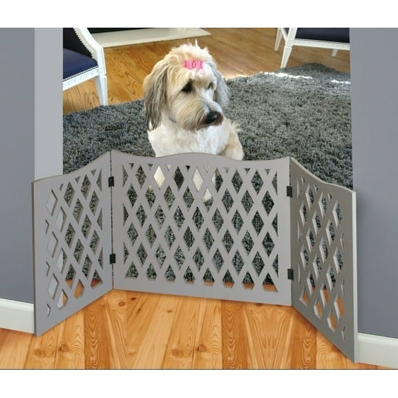 Gray 3-Panel Diamond Design Wood Pet Gate -Tri Fold Dog Safety Fence - 48"W x 19" Tall-Dog Gate