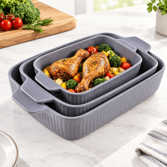 Gray 3-Piece Rectangular Ceramic Bakeware Set with Handles for Oven and Dishwasher