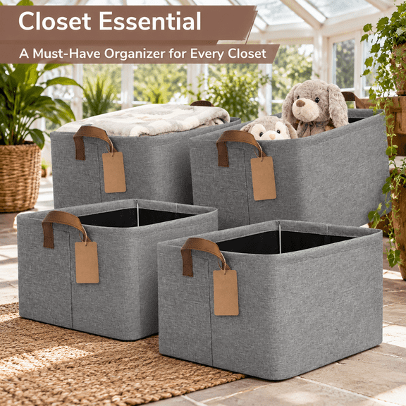 Gray 30L (16.8"L x 11"W x 9.8"H) Fabric Storage Baskets, 4 Pack for Shelves