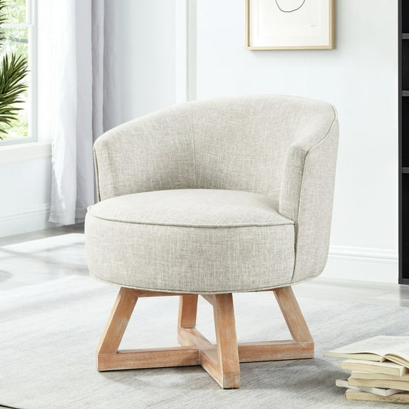 Gray 360° Freely Rotating Chair With Solid Wood Legs And Linen Covering Fabric Wooden Support