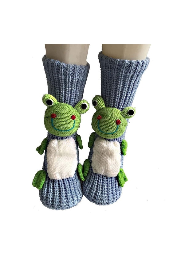 Gray 3D Cartoon Anti Slip Wool Socks Floor Socks Frog Pattern For Women Winter Warm Knitted Socks Polyester Material Free Size 9.06-9.45 Inch Foot Length Gray