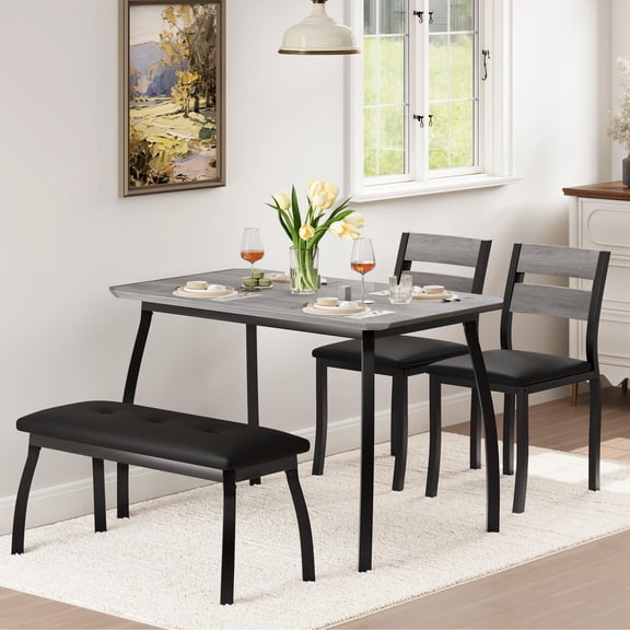 Gray 4-Pc Dining Set - Wood Space-Saving Table with Upholstered Bench & 2 Chairs for Studio/Kitchen/Apartment (Compact Spaces)
