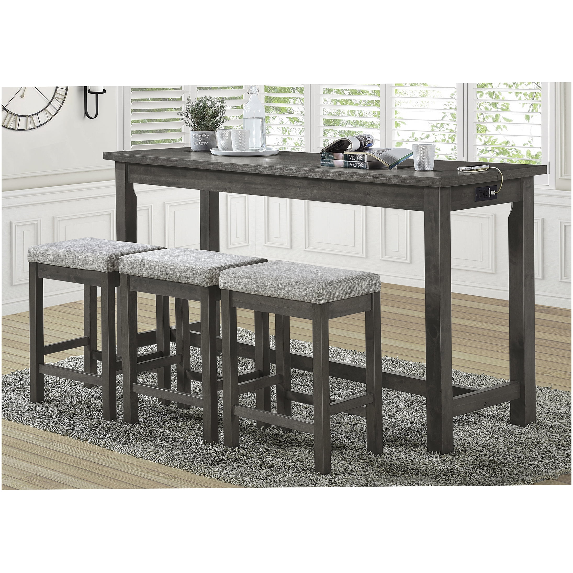 Gray 4-Piece Counter Height Dining Set with USB Charging Table and 3 ...