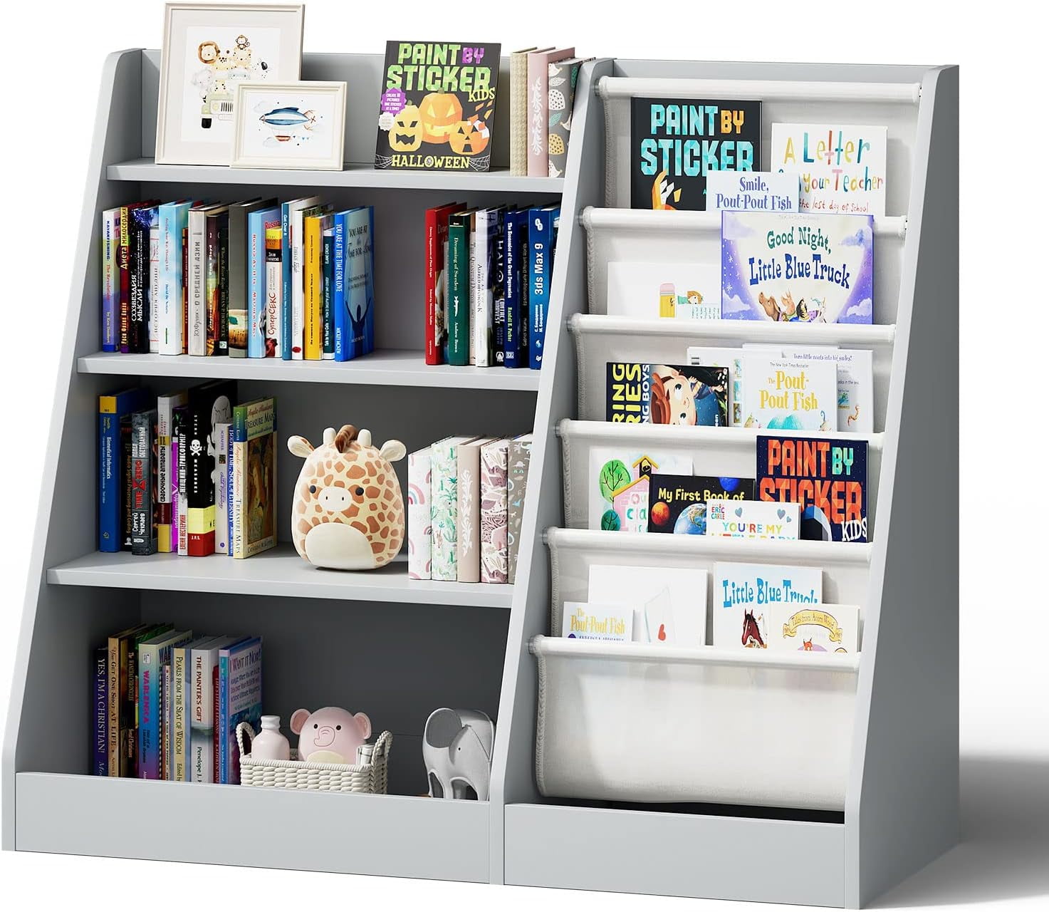 Childrens Bookshelf 4 Tier Wooden Kids Bookshelf With Sling Pockets ...
