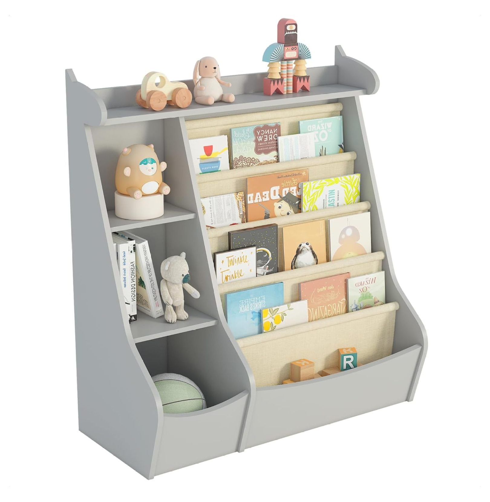 Gray 4 Tier Kids Wooden Bookshelf, 4 Layer Sling Bookcase, Baby Storage