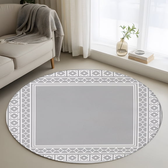 Gray 4FT Round Area Rugs for Living Room Boho Diamond Pattern Border Rustic Southwestern Ultra-Thin Non-Slip Round Rugs Machine Washable Low Pile Circle Carpet for Bedroom Kitchen Nursery