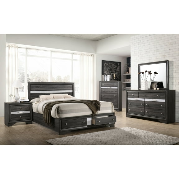 Gray 5 Pc Traditional Bedroom Suite - Queen Wood Storage Bed, 7 Dresser, Gorgeous Mirror, 5 Chest, 2 Nightstand For Bed With Storage, , Stylish