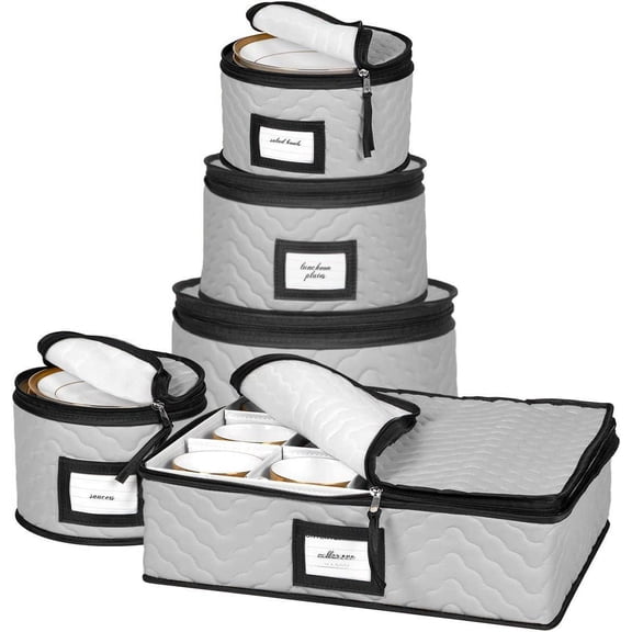 Gray 5 Piece Storage Set Quilted Fiber Dish Organizer For Dinnerware Glasses Plates Mugs Saucers