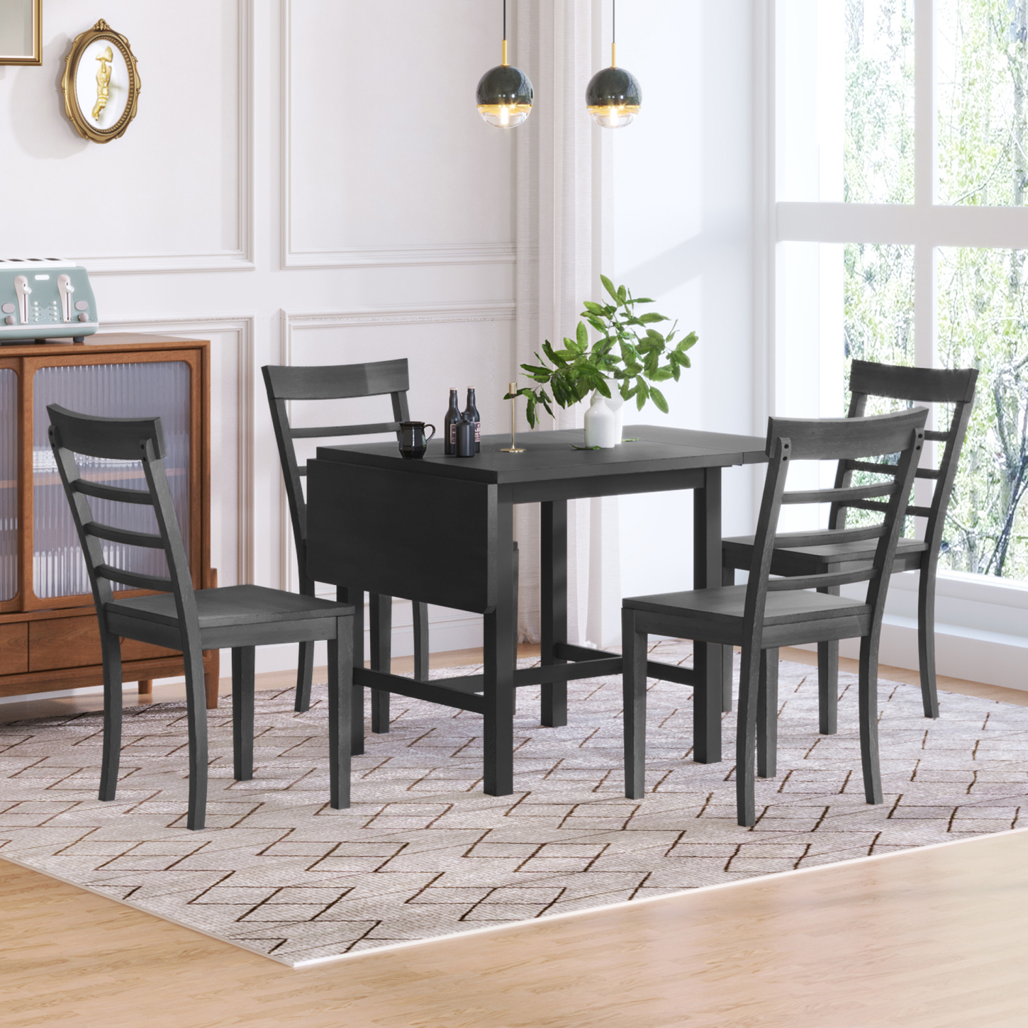 Gray 5-Piece Wood Square Drop Leaf Breakfast Nook Dining Table Set