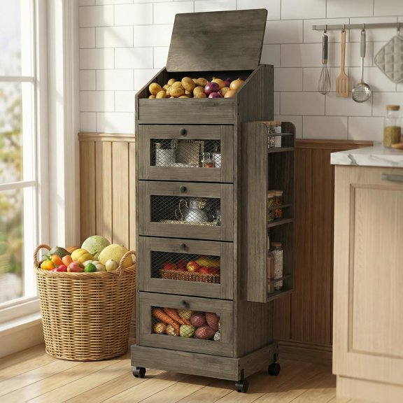 Gray 5-Tier Rolling Fruit and Vegetable Organizer with Spice Rack, Ventilated Drawers, and Bread Box Cabinet